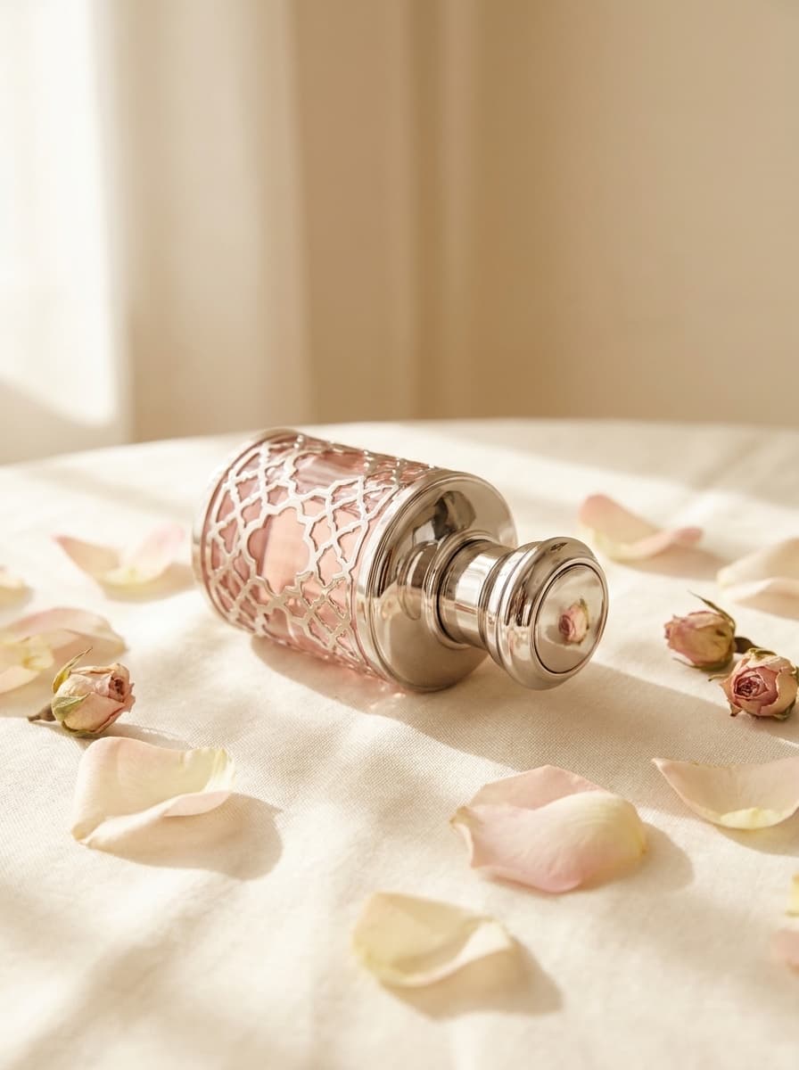 A blush pink and silver Arabian perfume bottle resting on cream linen among rose petals
