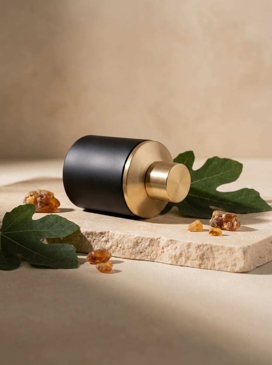 A matte black and gold Arabian perfume bottle on pale stone with fig leaves and amber resin