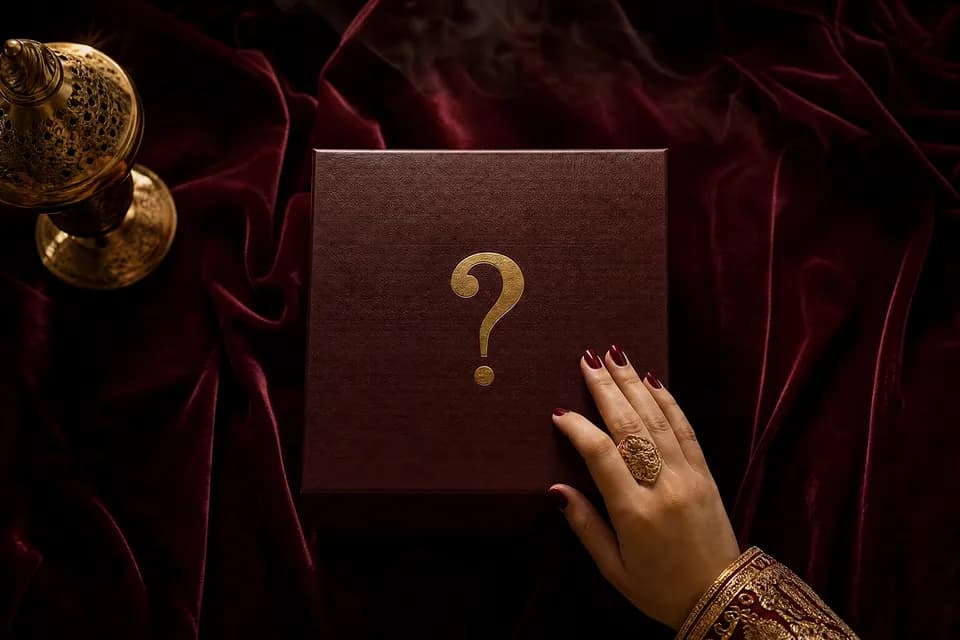 A hand resting on a burgundy box with a gold question mark on the lid