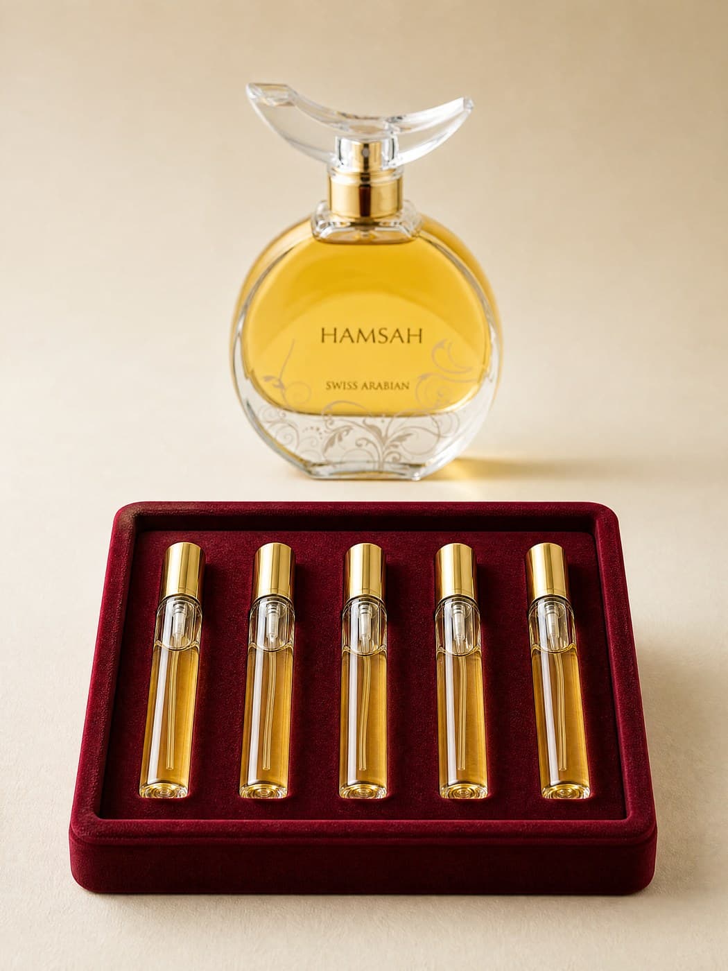 A set of Arabian perfume bottles arranged together
